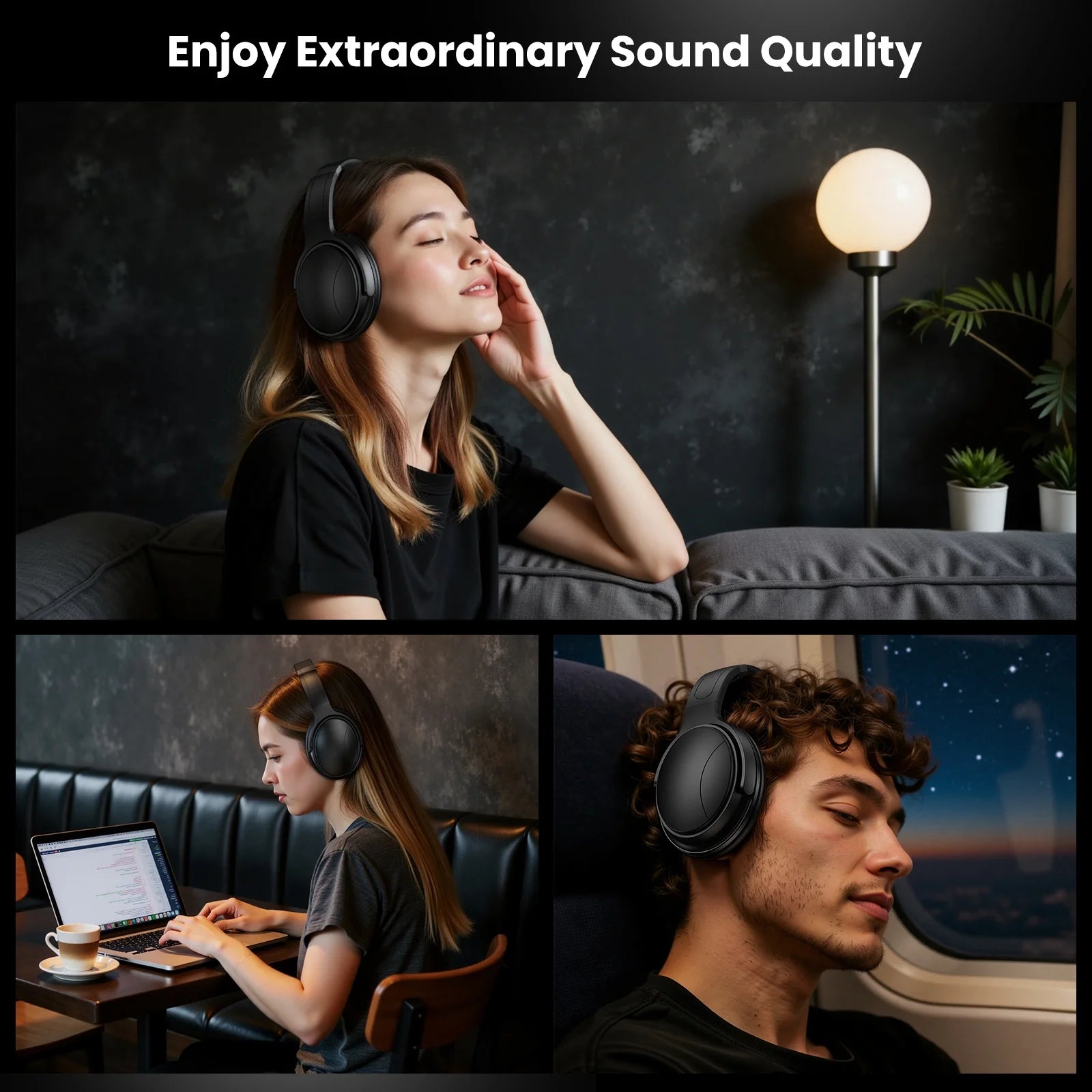 Noise Cancelling Headphones, Wireless Bluetooth Headphones, over Ear Headphones with Microphone, Black, Q8